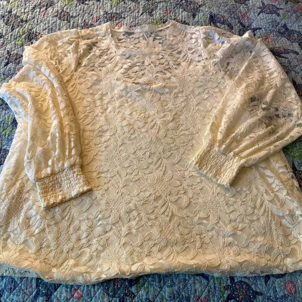 Torrid Stretch Lace And Mesh Crew Neck Long Sleeve Top Ivory - Picture 2 of 7